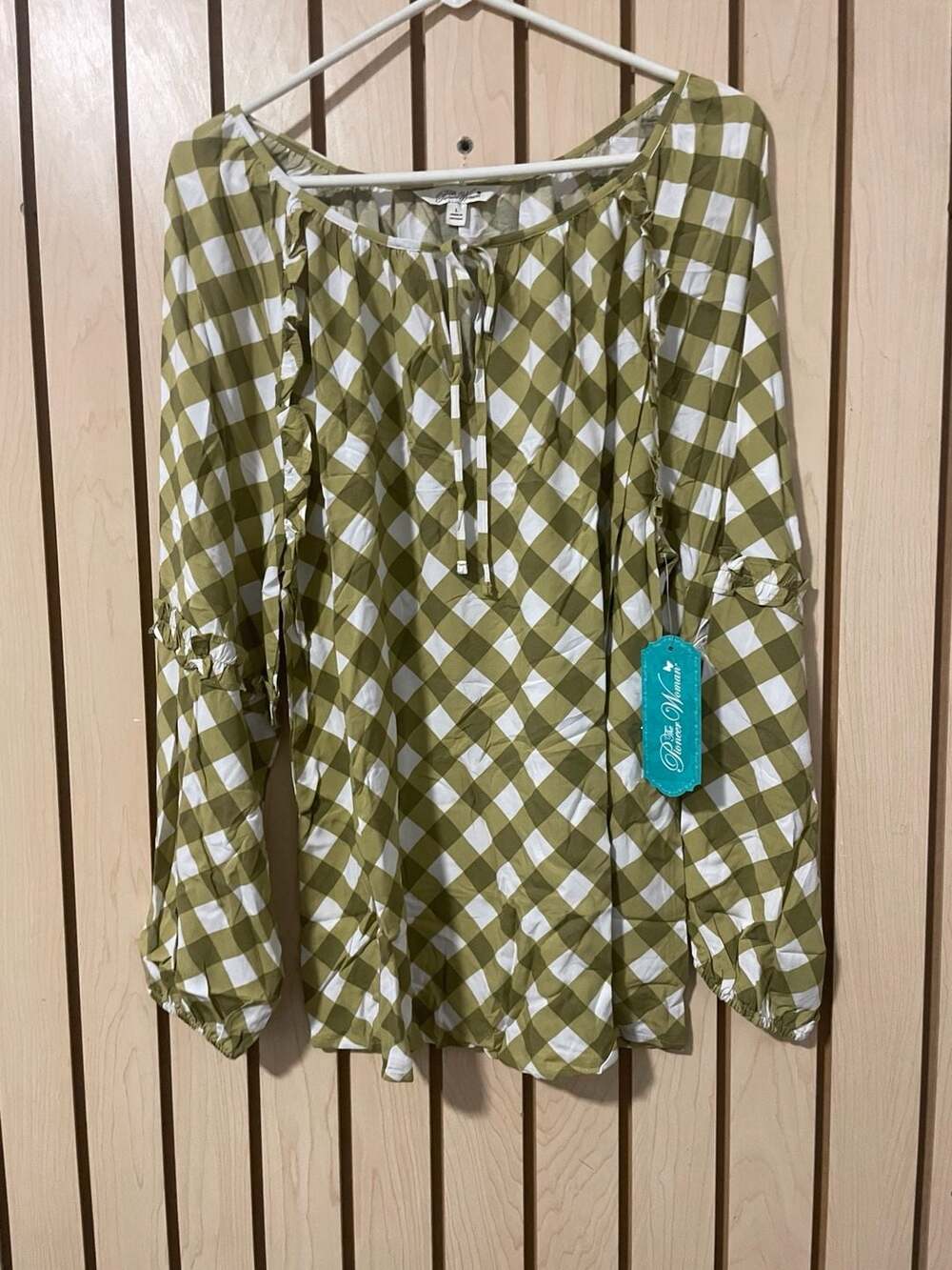 The Pioneer Woman Green Gingham Ruffle Sleeve Tie Neck Blouse, Size L